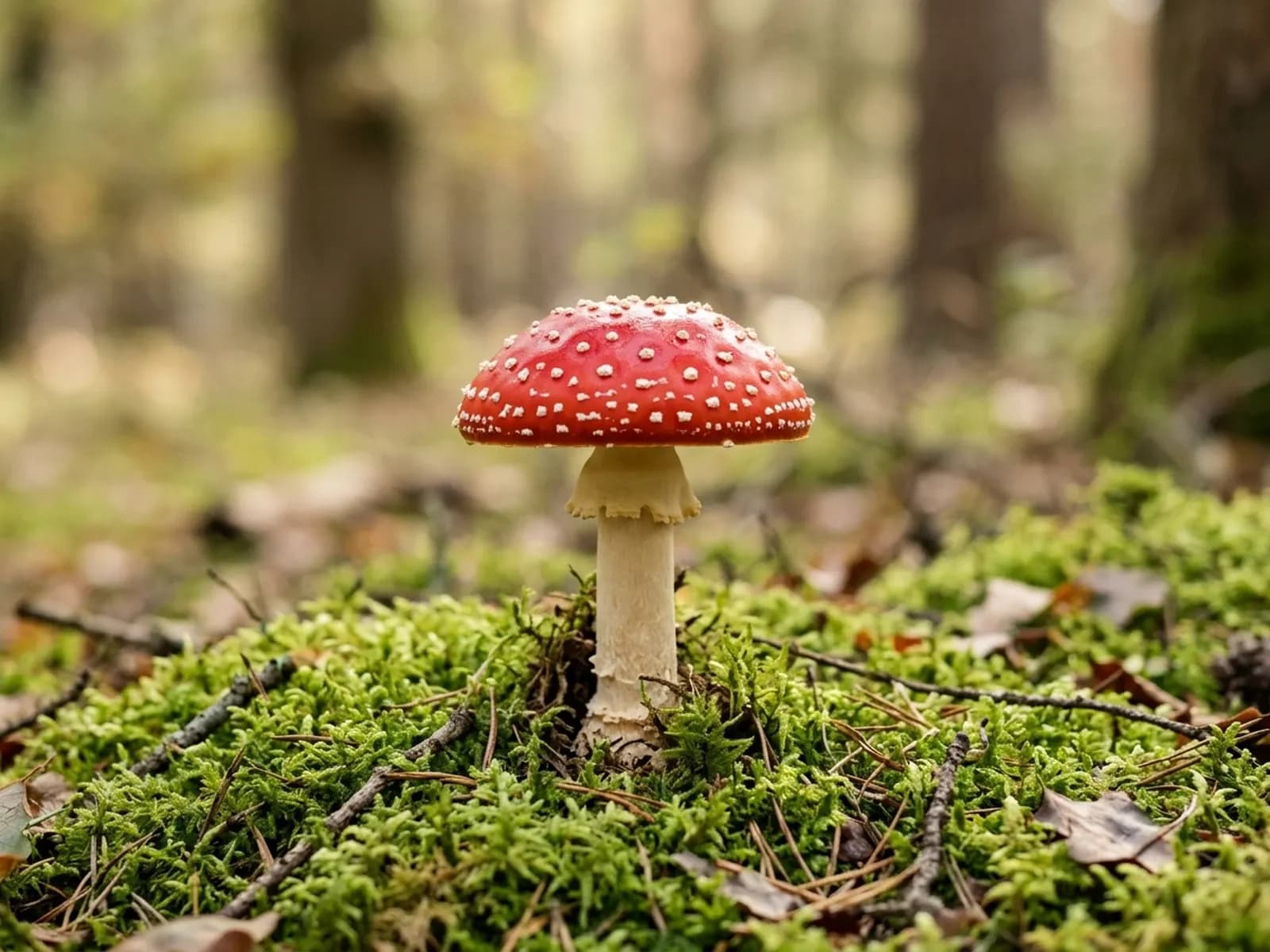 Einzelner roter Fliegenpilz mit weißen Punkten auf grünem Waldbodenmoos im weichen Tageslicht.