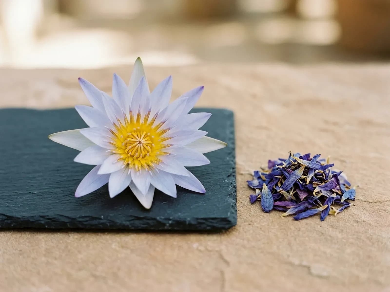 Hellblaue Seerosenblüte von Nymphaea caerulea neben getrockneten Blütenblättern auf dunkler Schieferplatte