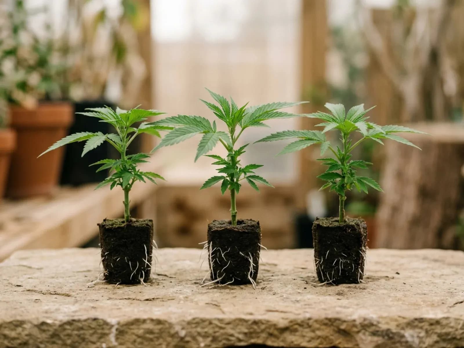 Botanische Illustration gesunder, vital bewurzelter Cannabis-Stecklinge in Anzuchtkeilen mit kräftigen Wurzelhaaren