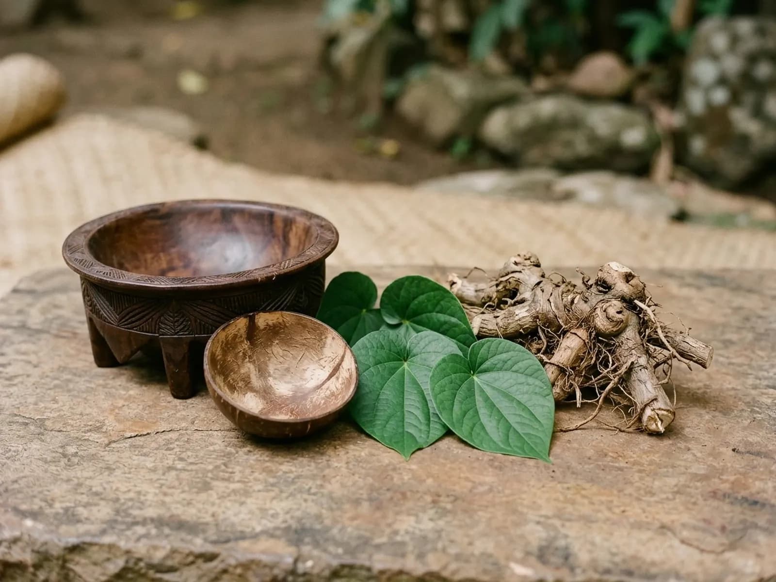 Kava Kava Wurzelstock und herzförmige Blätter neben traditioneller Holzschale auf hellem Studiohintergrund