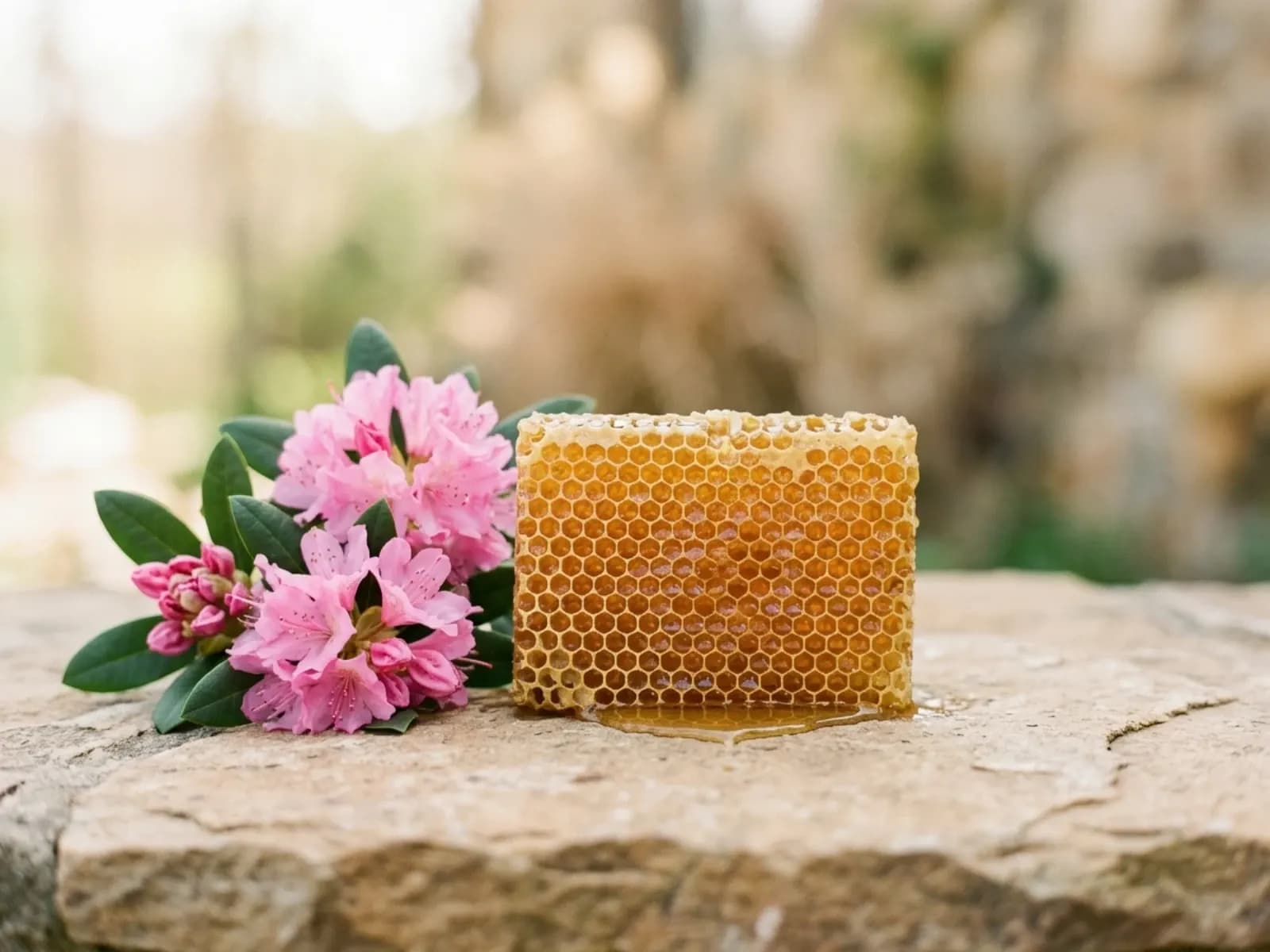 Intakte goldene Honigwabe mit klarem Bernsteinhonig neben rosafarbenen Rhododendronblüten auf hellem Stein.