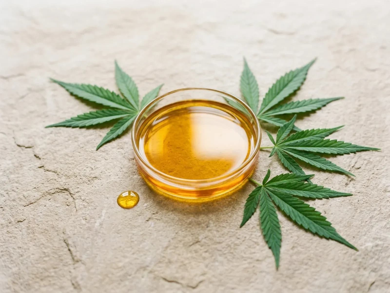 Wissenschaftliche Illustration von bernsteinfarbenem Vollspektrum-CBD-Öl mit Trichomen und terpenoiden Pflanzenmolekülen