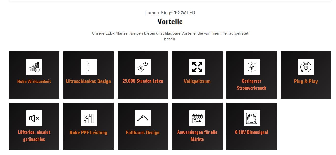 Lumen-King® 400W LED Grow Lampe mit dimmbarem Vollspektrum, 6 LED-Lichtleisten und 2,7 µmol/J Effizienz