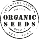Logo von Organic Seeds mit Bezug zu Cannabissamen, grafische Darstellung eines stilisierten Blattsymbols kombiniert mit moderner, natürlicher Markenoptik.