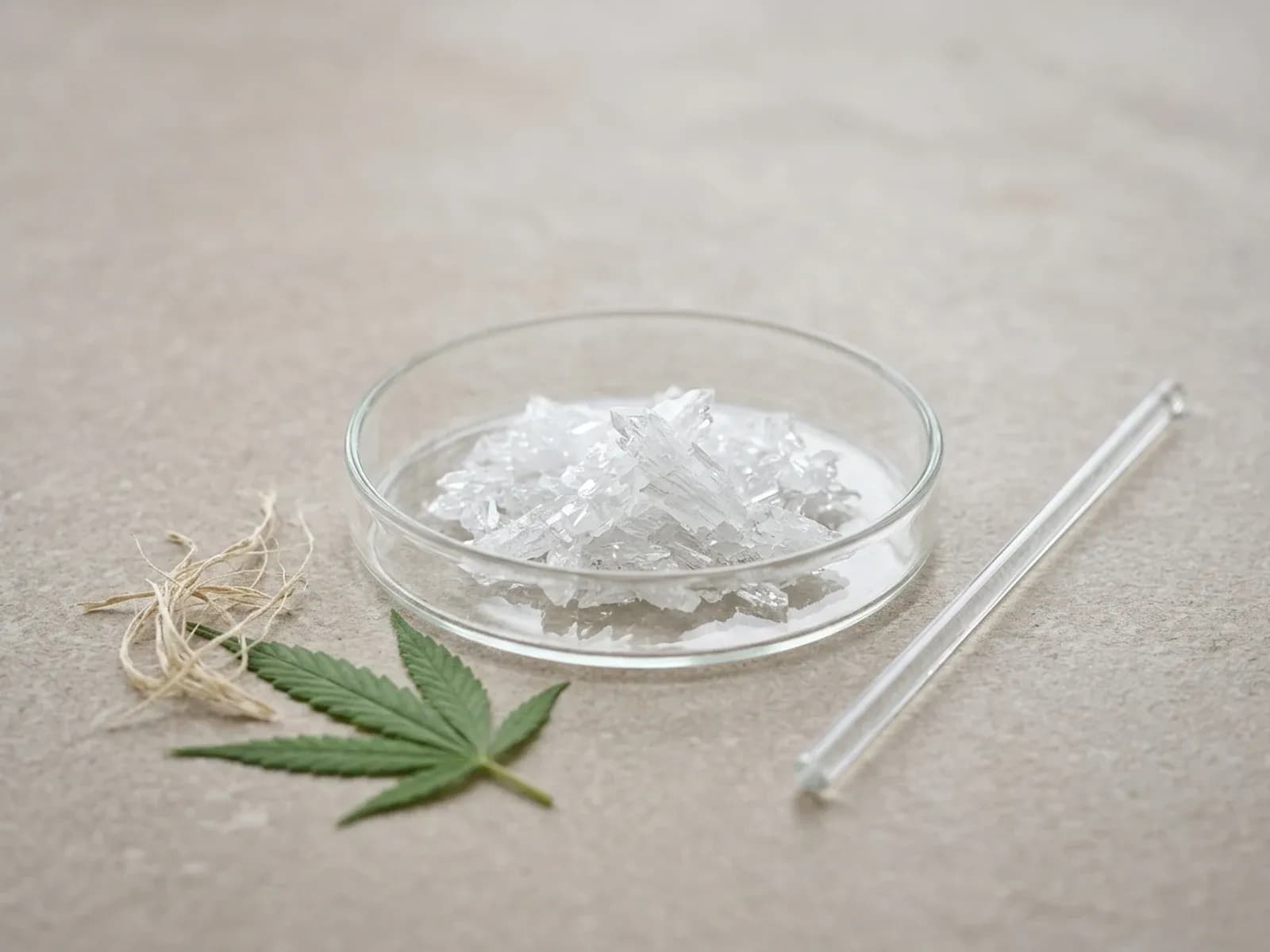 Schneeweiße, hochreine CBD-Kristalle in einer gläsernen Laborschale auf hellem Steinuntergrund