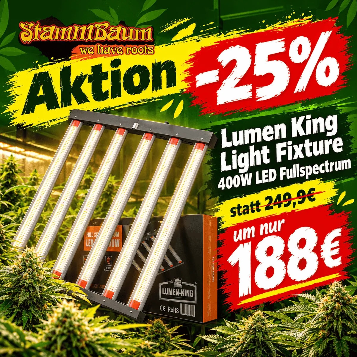 Lumen-King® 400W LED Grow Lampe mit dimmbarem Vollspektrum, 6 LED-Lichtleisten und 2,7 µmol/J Effizienz