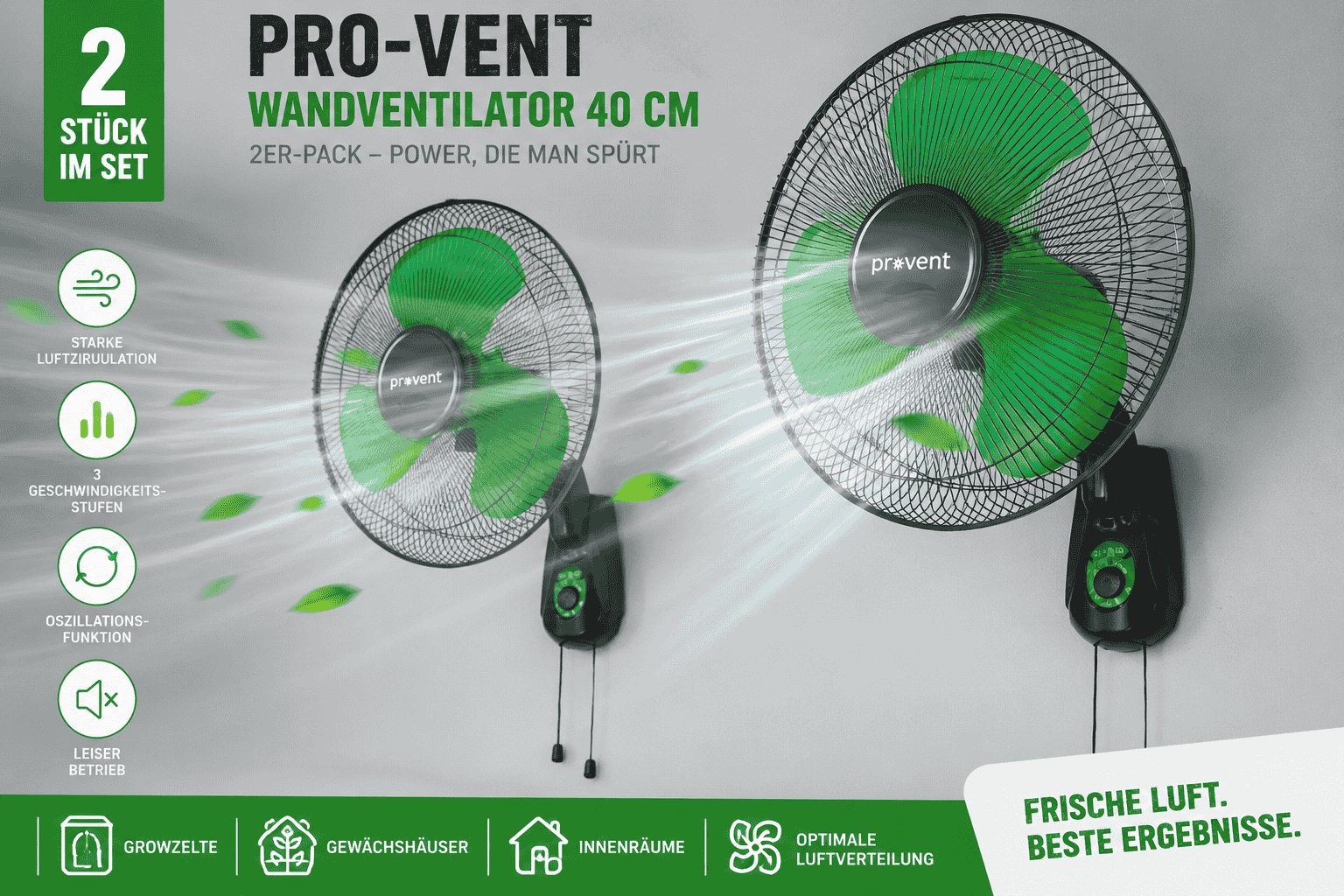 PRO-VENT Wandventilator 40 cm oszillierend im 2er-Pack für Growzelte und Innenräume