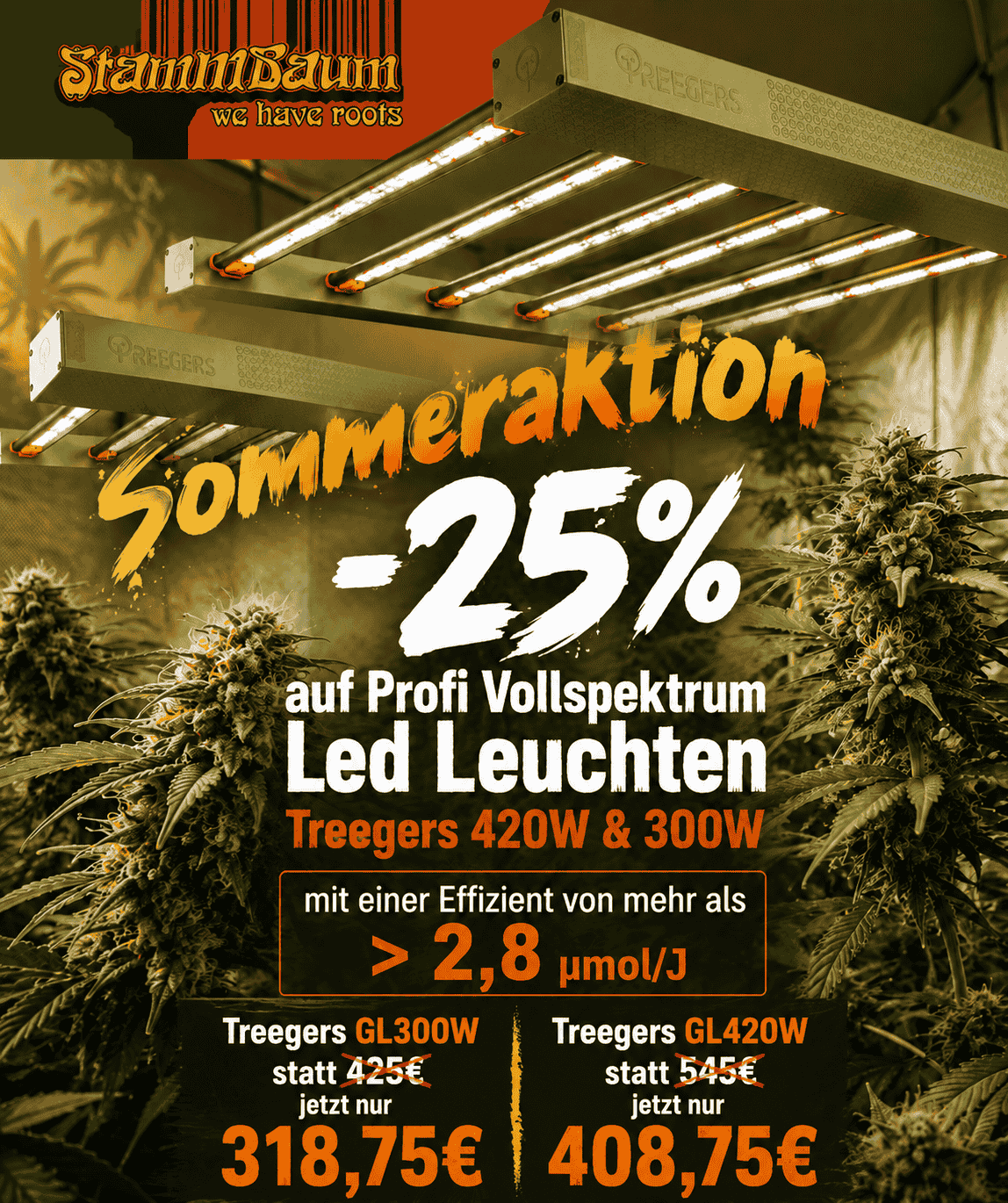 Treegers GL420W LED Grow Lampe 420W Vollspektrum Grow Light mit sechs LED-Leisten für gleichmäßige Ausleuchtung bis 1,2x1,2m Indoor Anbaufläche
